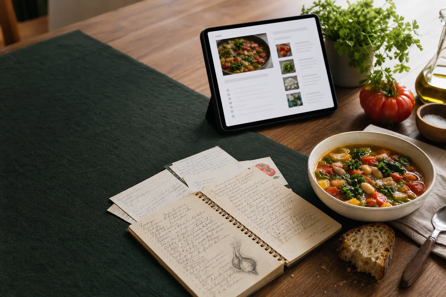 A personal recipe notebook beside a tablet and a bowl of vegetable soup